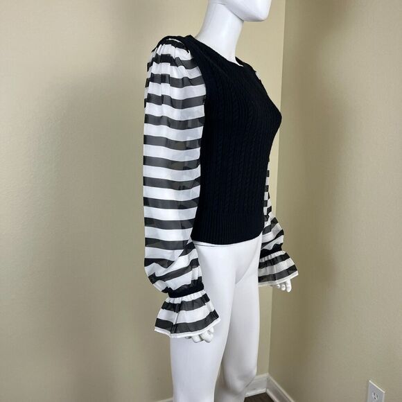 Maeve Women's Size S Black Contrast Sheer Sleeve Cable Knit Striped Sweater Goth - Picture 14 of 16